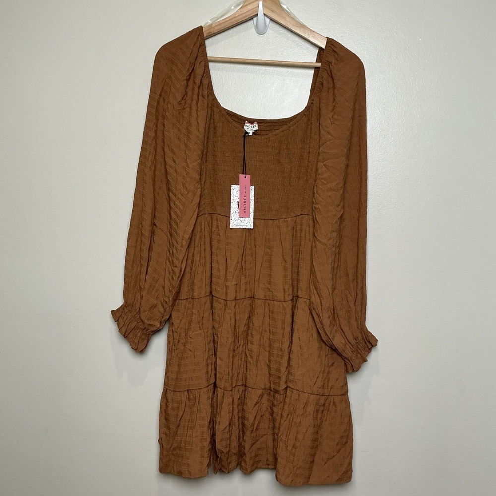 Andree by Unit Smocked Dress 1X Tiered Long Sleeve Rust Babydoll Cottage NWT